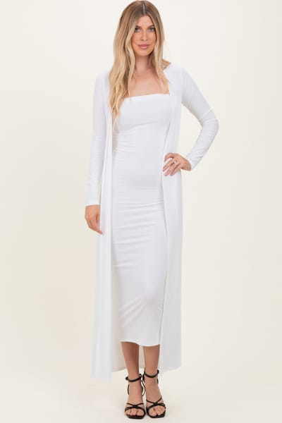 Rhea + Thea Ivory Ribbed Sleeveless Dress Cardigan Set