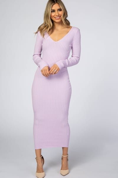 Rhea + Thea Lavender V-Neck Long Sleeve Fitted Maxi Dress