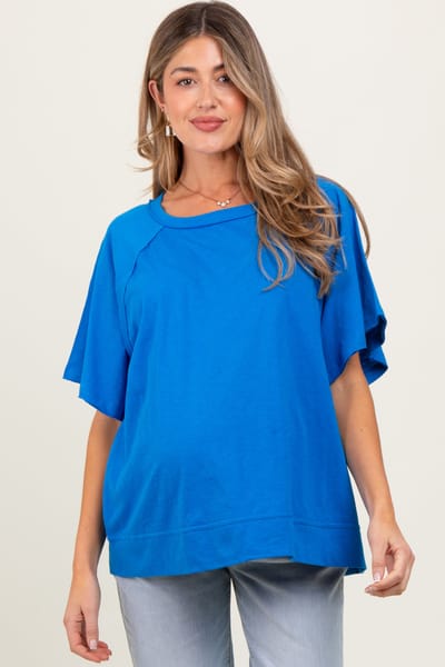 Rae Mode Royal Blue Oversized Raw Hem Short Sleeve Maternity Tee
