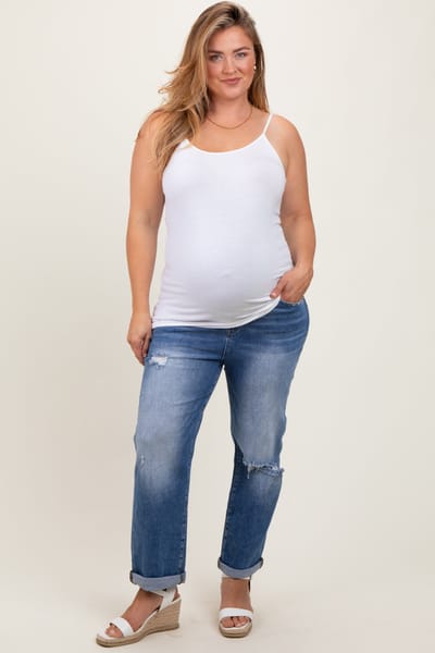 PinkBlush Navy Rolled Hem Distressed Straight Leg Maternity Plus Jeans