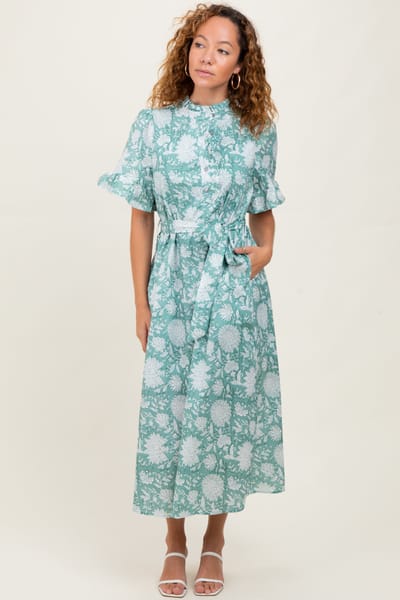 Entro Light Olive Floral Ruffle Button Up Neckline Midi Dress
