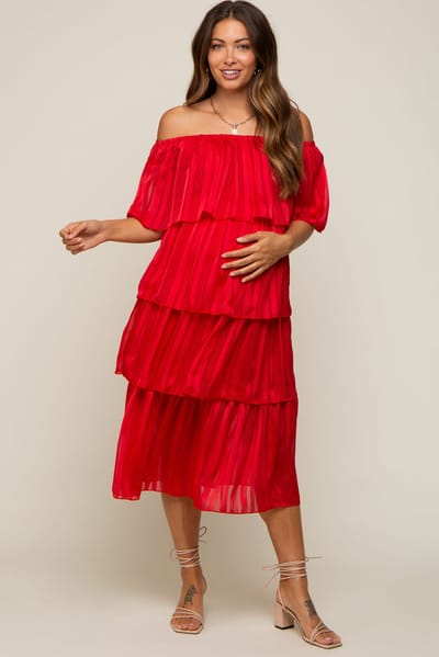 PinkBlush Red Striped Layered Maternity Midi Dress