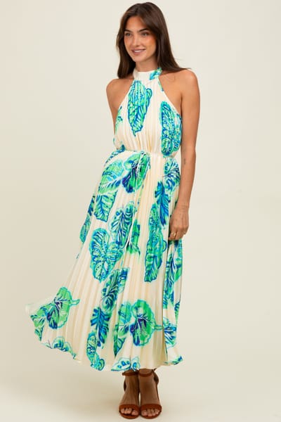 Rosevelvet Blue Leaf Print Pleated Halter Midi Dress