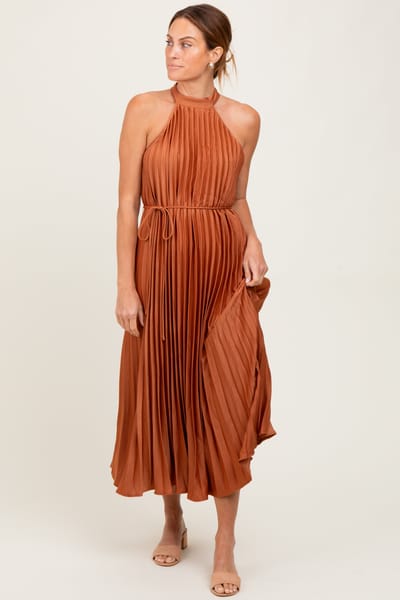 Rosevelvet Mocha Pleated Halter Dress