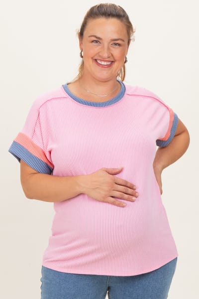 7th Ray Pink Ribbed Colorblock Detail Maternity Plus Short Sleeve Top