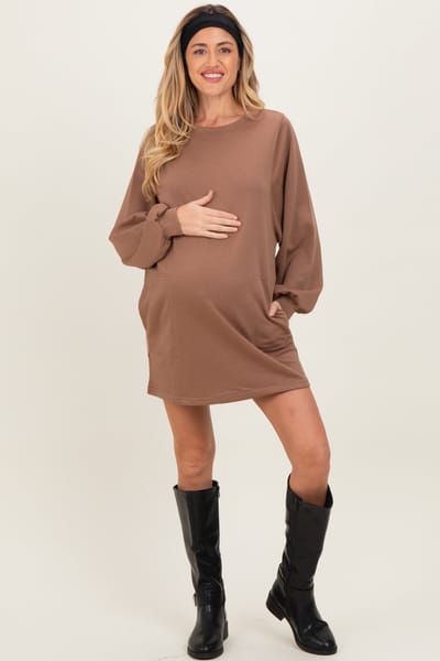 Bluivy Mocha Bubble Sleeve Maternity Sweatshirt Mini Dress