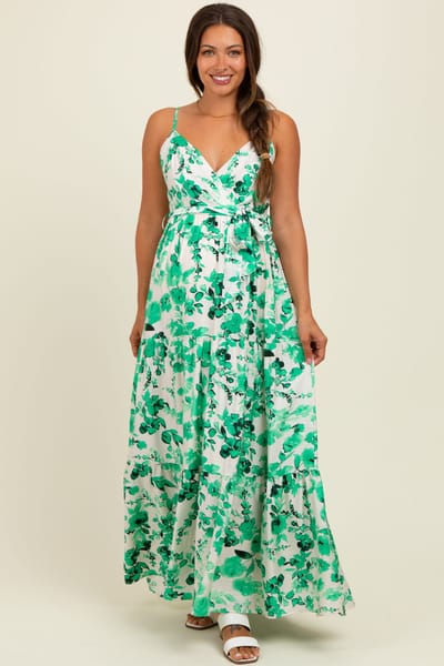 PinkBlush Green Floral Tiered Sleeveless Sash Tie Maternity Maxi Dress