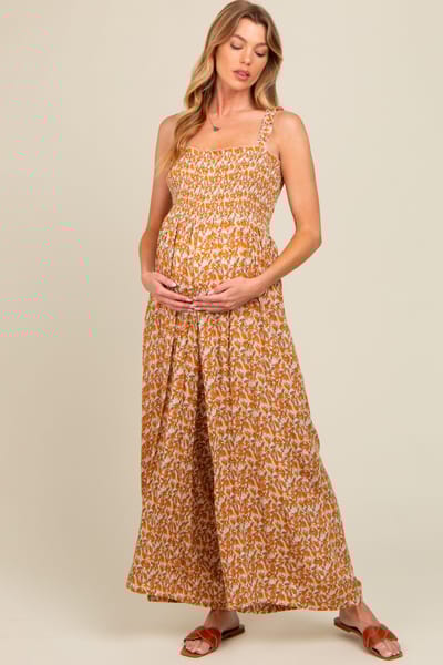 Elloh Yellow Printed Smocked Wide Leg Maternity Jumpsuit
