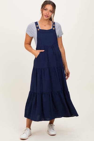 ODDI Navy Blue Button Sling Tiered Maternity Midi Dress
