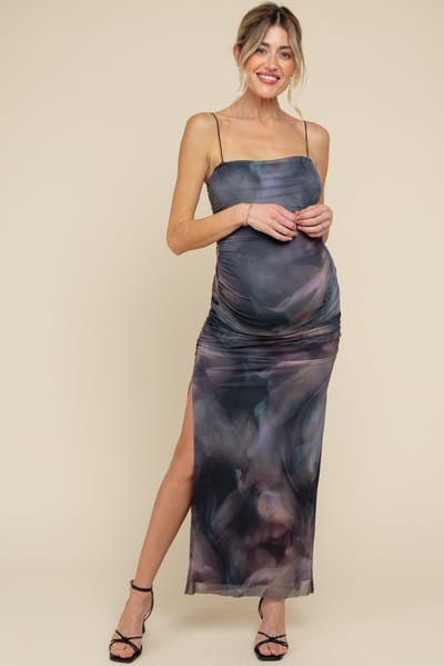 Blue Blush Charcoal Printed Mesh Ruched Sleeveless Maternity Maxi Dress