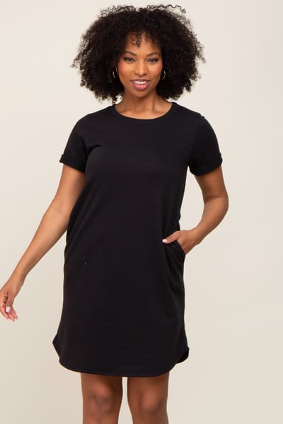 Hello Miz Black French Terry Cuffed Short Sleeve Dress