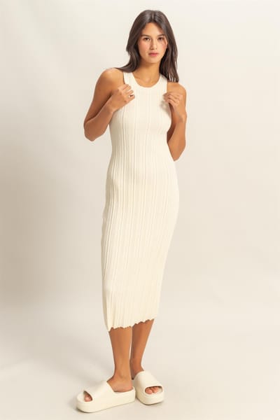 Hyfve Ivory Round Neck Bodycon Ribbed Knit Midi Dress