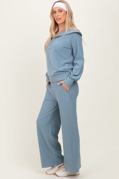 Zenana Outfitters Light Blue RIbbed Half Zip Pullover Wide Leg Pant Set