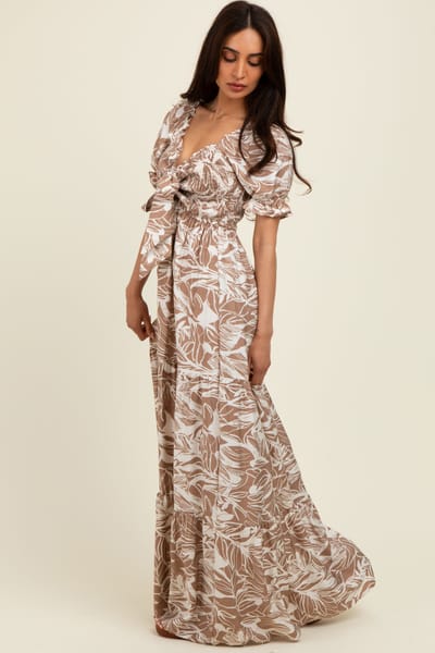 Dress Day Taupe Tropical Print Smocked Front Tie Maxi Dress