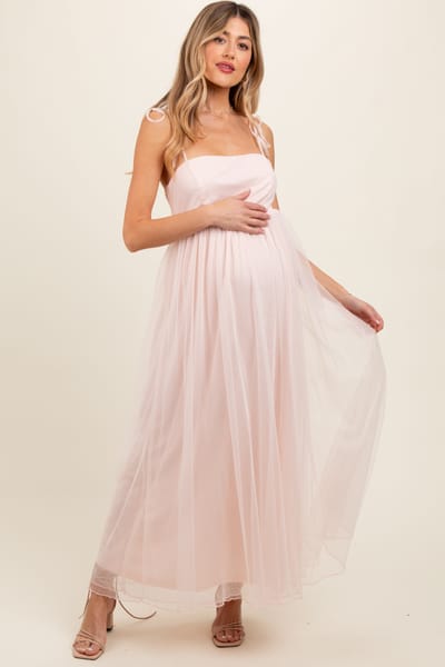 Listicle Light Pink Square Neck Shoulder Tie Tulle Maternity Maxi Dress