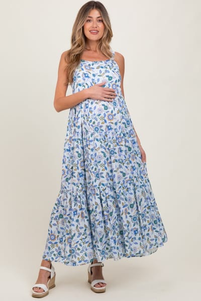 Mitto Blue Floral Sleeveless Tiered Maternity Maxi Dress