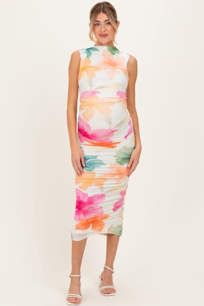 Flying Tomato Multicolor Floral Ruched Sleeveless Maternity Midi Dress