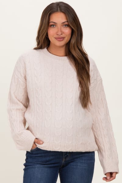 Miracle Beige Braid Knit Pattern Soft Fluffy Maternity Sweater Top
