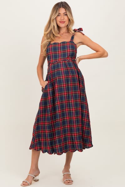 Entro Navy Plaid Shoulder Tie Scallop Hem Maternity Midi Dress