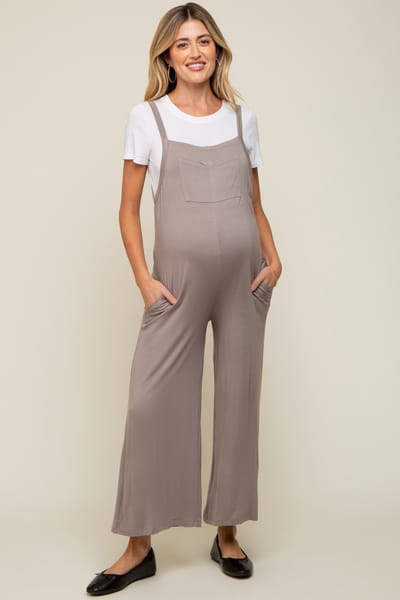 Elloh Taupe Sleeveless Pocketed Wide Leg Maternity Jumpsuit
