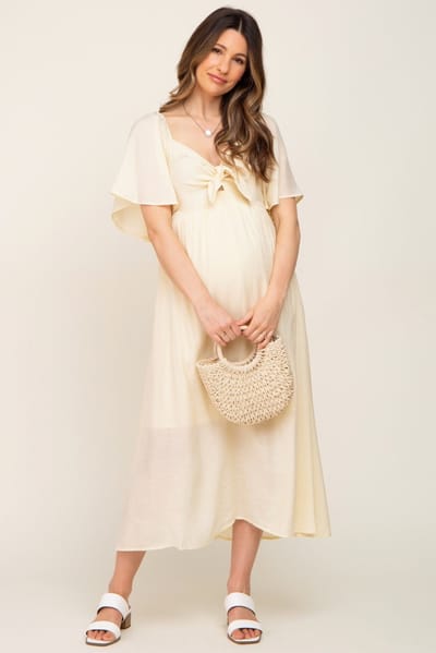 Lime N Chili Cream Front Tie Ruffle Sleeve Maternity Midi Dress