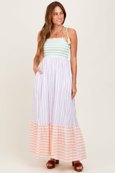 In February Lavender Multi-Color Striped Color Block Shoulder Tie Maxi Dress