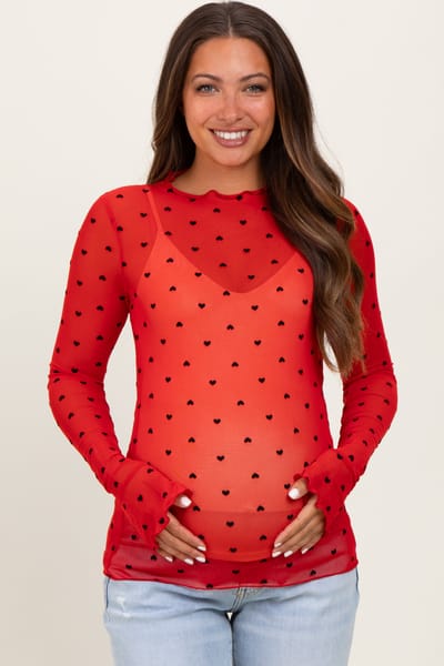 Sweet Generis Red Mesh Heart High Neck Long Sleeve Maternity Top