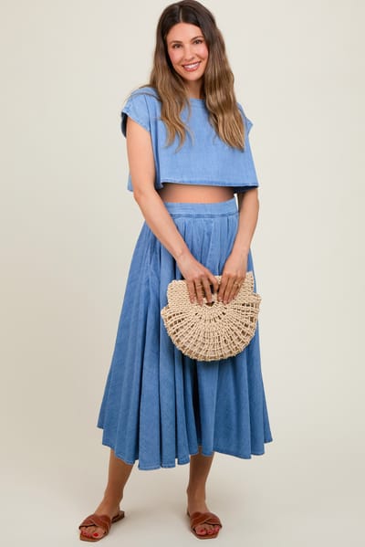 Mable Blue Chambray Crop Top and Skirt Maternity Set