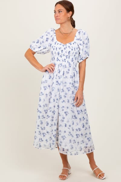 Polagram Blue Floral Smocked Bodice Midi Dress