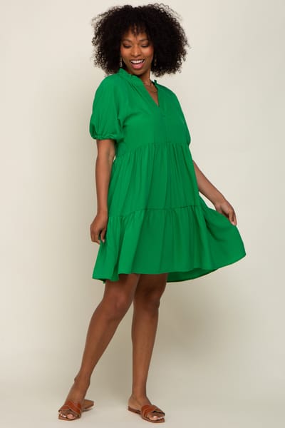 Jodifl Green Satin Ruffle V-Neck Short Sleeve Dress