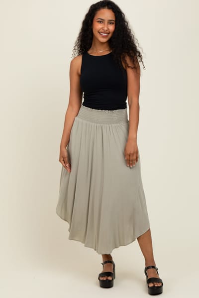 Final Touch Light Olive Smocked Waist Rounded Hem Midi Skirt