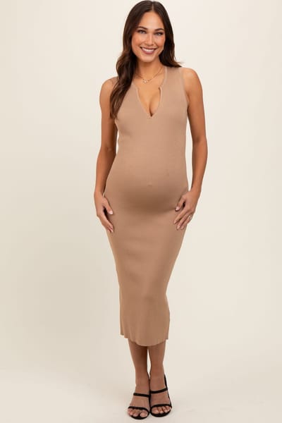 PinkBlush Taupe V-Neck Knit Maternity Midi Dress