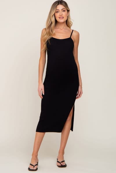 PinkBlush Black Ribbed Knit Side Slit Maternity Midi Dress