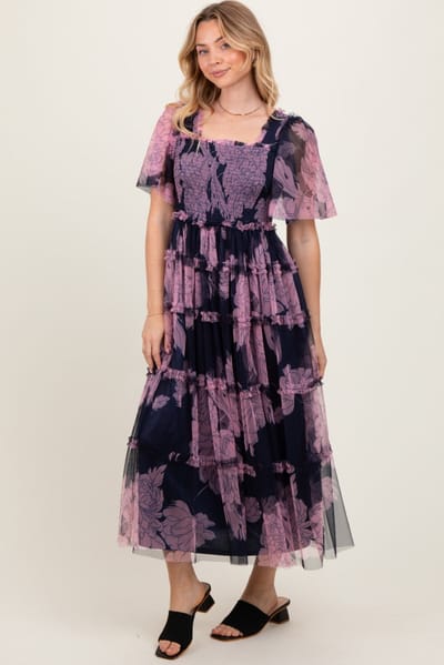 Dress Day Navy Smocked Top Mesh Ruffled Midi Dress