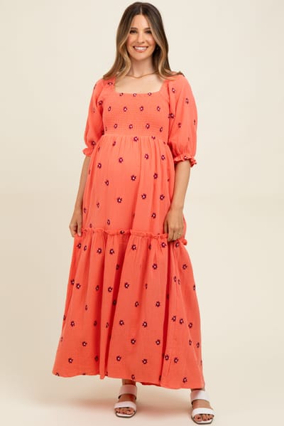 J.NNA Orange Floral Smocked Puff Sleeve Maternity Maxi Dress
