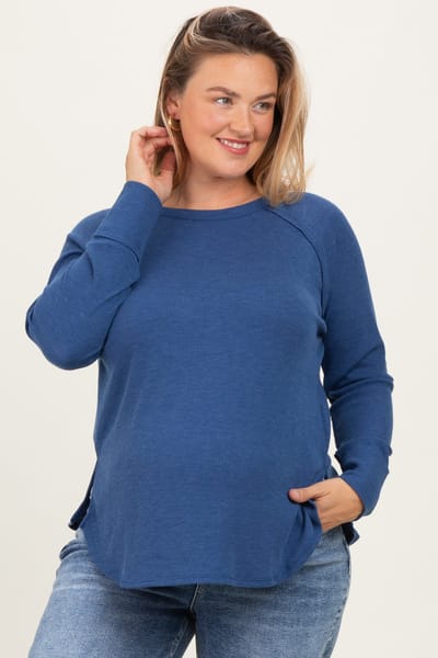 Zenana Outfitters Navy Baby Waffle Knit Long Sleeve Maternity Plus Top