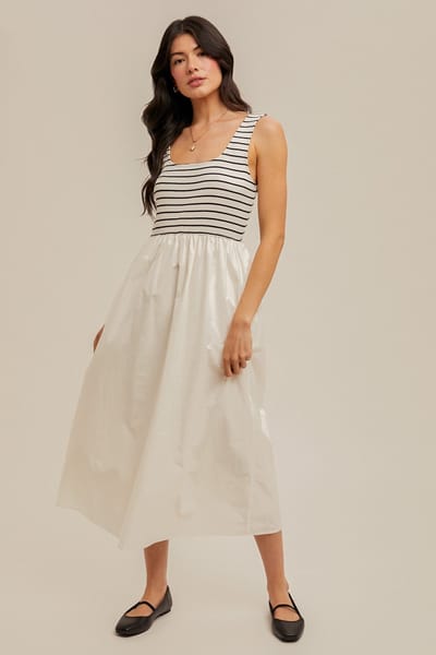 Hem & Thread White Striped Contrast Sleeveless Midi Dress