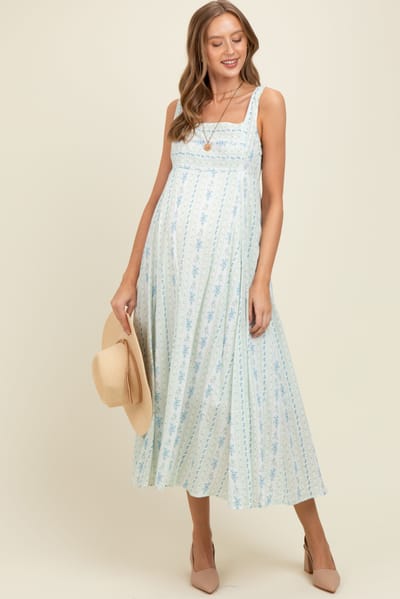 In Loom Light Blue Cotton Floral Square Neck Sleeveless Maternity Maxi Dress
