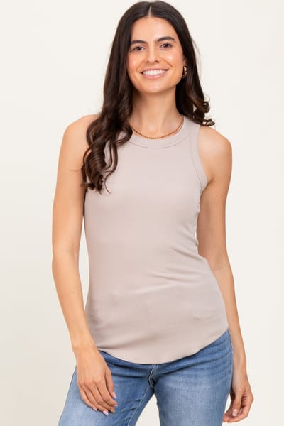 Wishlist Beige Ribbed Basic Crew Neck Tank
