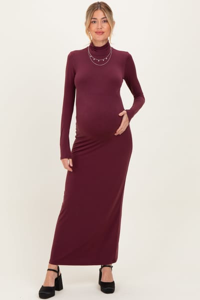 PinkBlush Burgundy Turtleneck Long Sleeve Maternity Maxi Dress