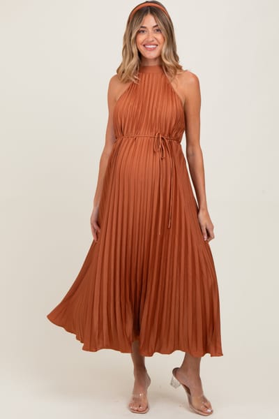 Rosevelvet Mocha Pleated Maternity Halter Dress