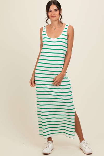 Vine & Love Green Striped Sleeveless Side Slit Maxi Dress
