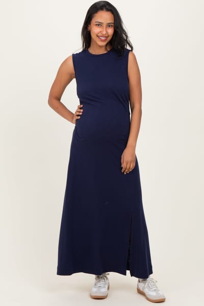 West K Navy Side Slit Ruched Sleeveless Maternity Midi Dress
