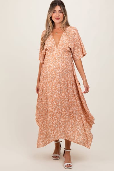 PinkBlush Peach Floral V-Neck Flutter Sleeve Maternity Maxi Dress