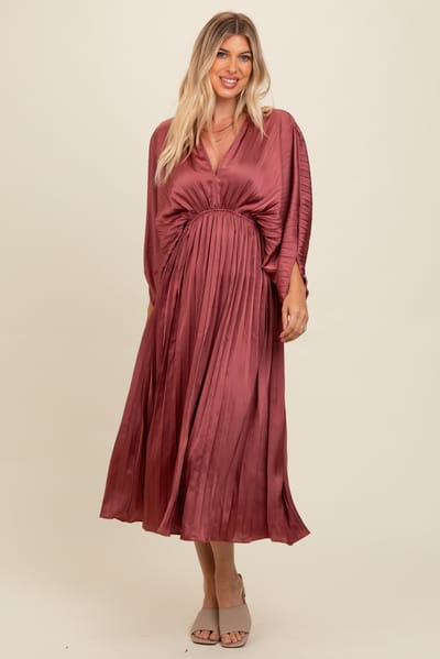 Dress Day Mauve Satin Pleated V-Neck Maxi Dress