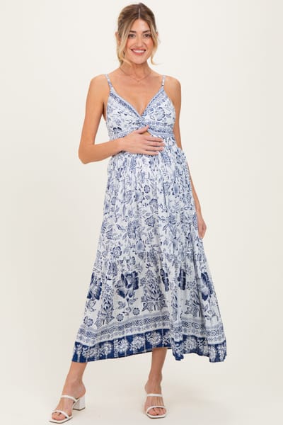 PinkBlush Ivory Floral Twisted Front Maternity Maxi Dress