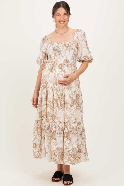 Million Colors Taupe Vintage Floral Puff Sleeve Tiered Maternity Maxi Dress