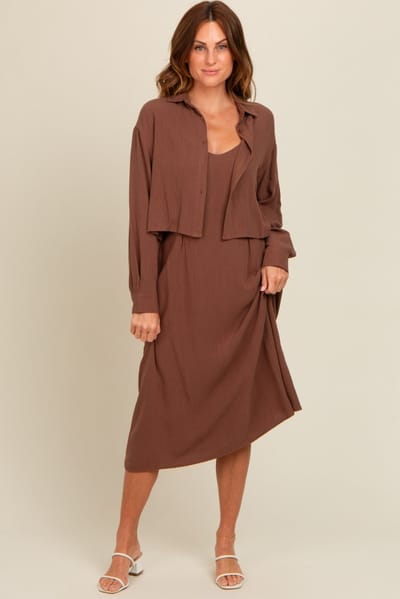 Million Colors Mocha Linen Cropped Shirt Midi Dress Set
