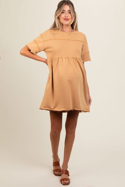 Buttermelon Camel Raw Hem Maternity Short Sleeve Dress