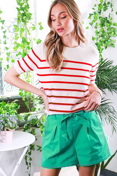Vine & Love Red Striped Knit Short Sleeve Top